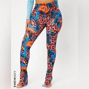 SHEIN SXY Women’s Multicolor Leopard and Marble Print Split Hem Leggings Large